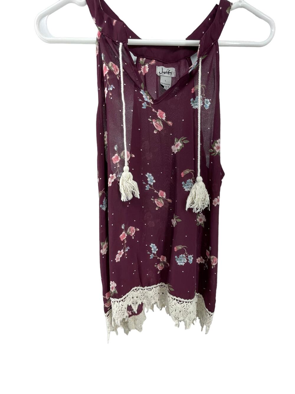 Justify Burgundy Floral Tassel Tie Sleeveless Blouse Women's Size Large